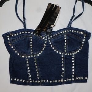 NWT Denim and Rhinestone Bustier Top Sz S